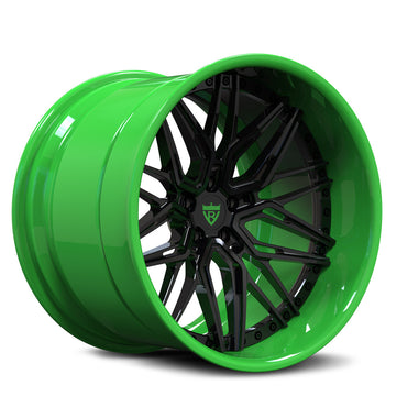 Close-up rendering of the green deep dish Jeep Wrangler wheel design.